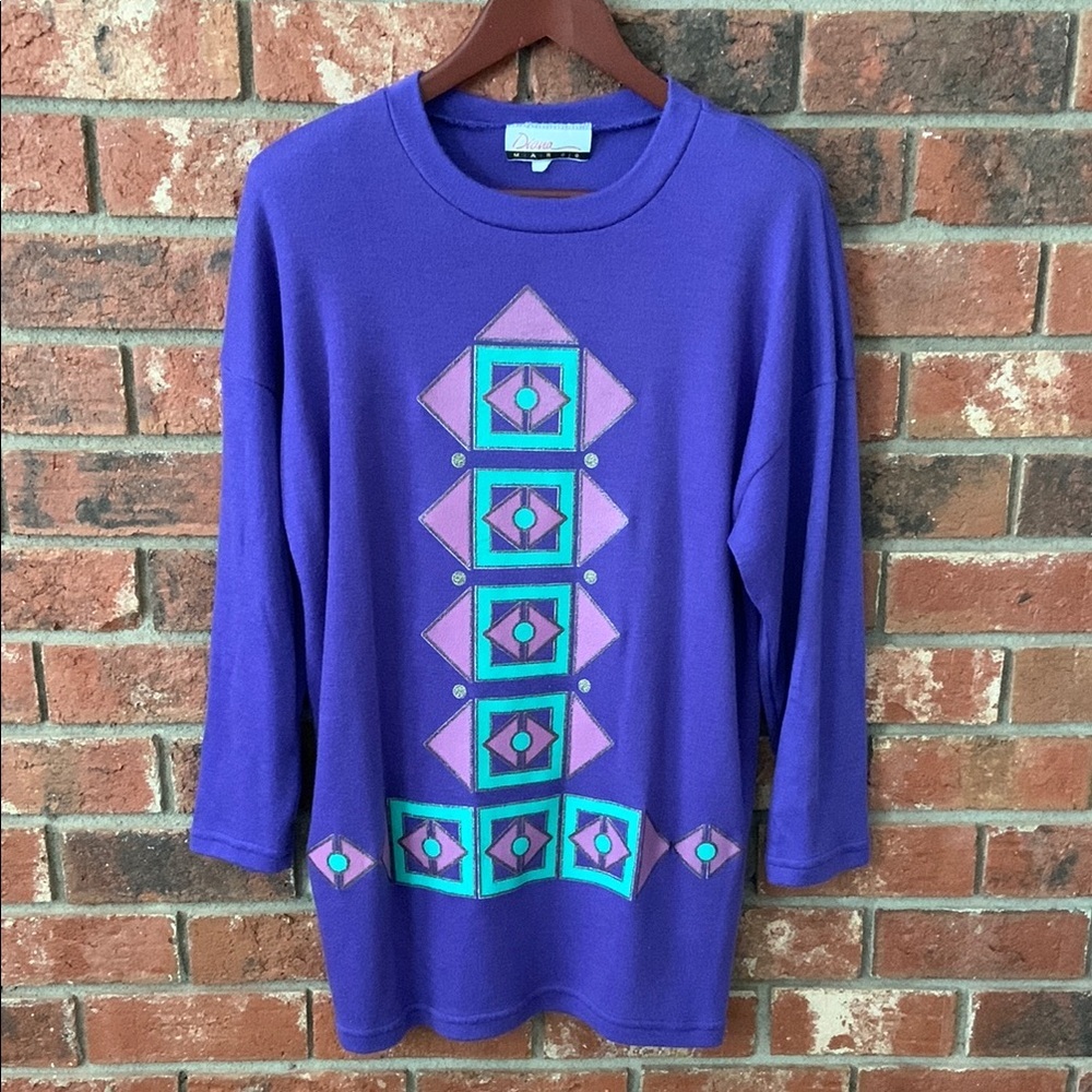 Vintage Diana Marco Purple Teal Geometric Print Sweater - Picture 1 of 7